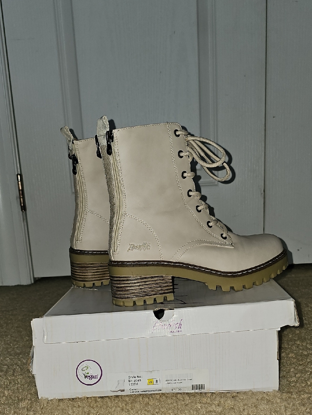 Lace-Up Cream Combat Boots with Lug Heel